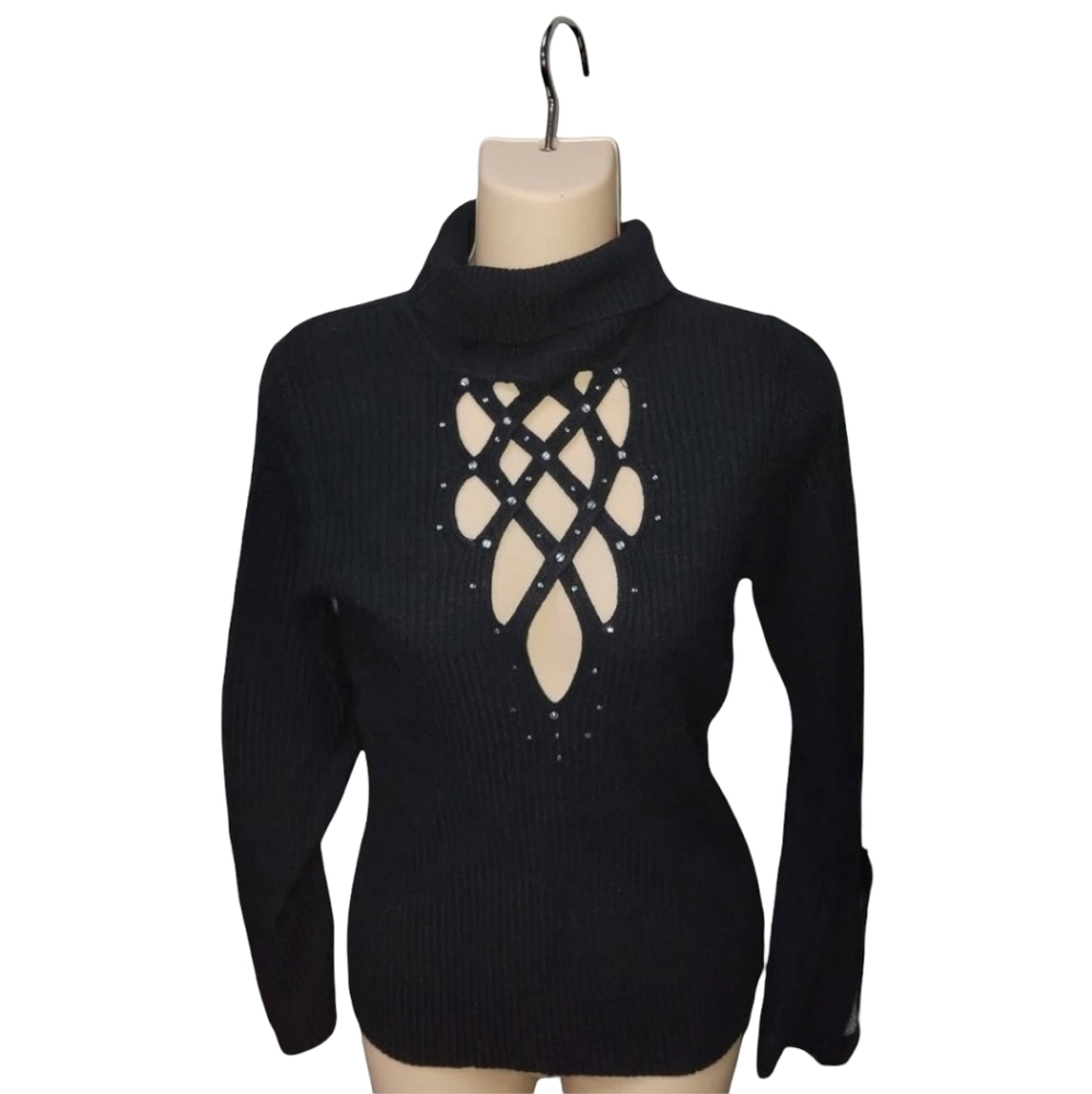 Sexy Black Turtleneck Sweater with front cut-outs